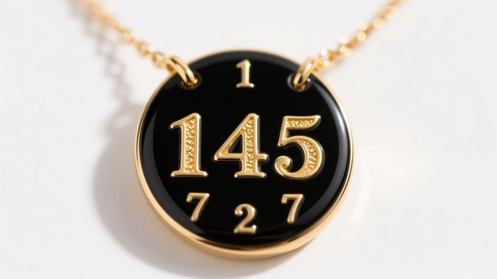 Close-up of a 14k yellow gold birthdate necklace with raised numerals on a black vitreous enamel disc in soft studio lighting.