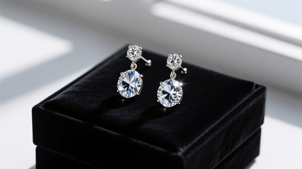 Elegant rhinestone dangle earrings resting on a dark velvet gift box, soft studio lighting highlighting the clear crystal facets.