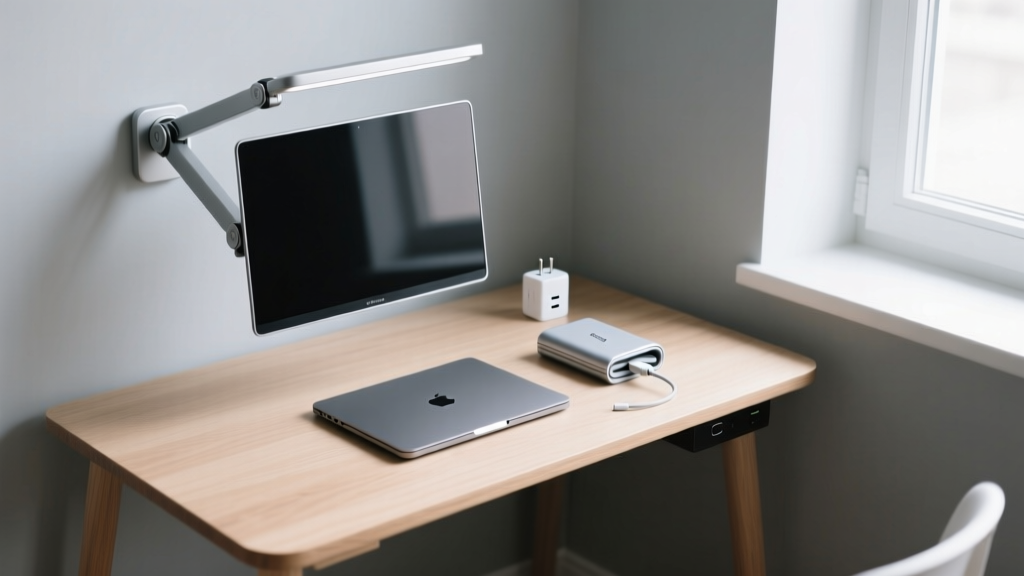 Top-down view of a minimalist compact desk featuring an ultra-slim monitor arm, folded MagSafe charger, and GaN wall plug