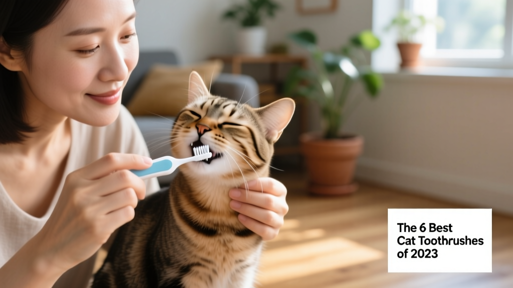 Closeup of a person gently brushing a cat's teeth with a small, angled toothbrush