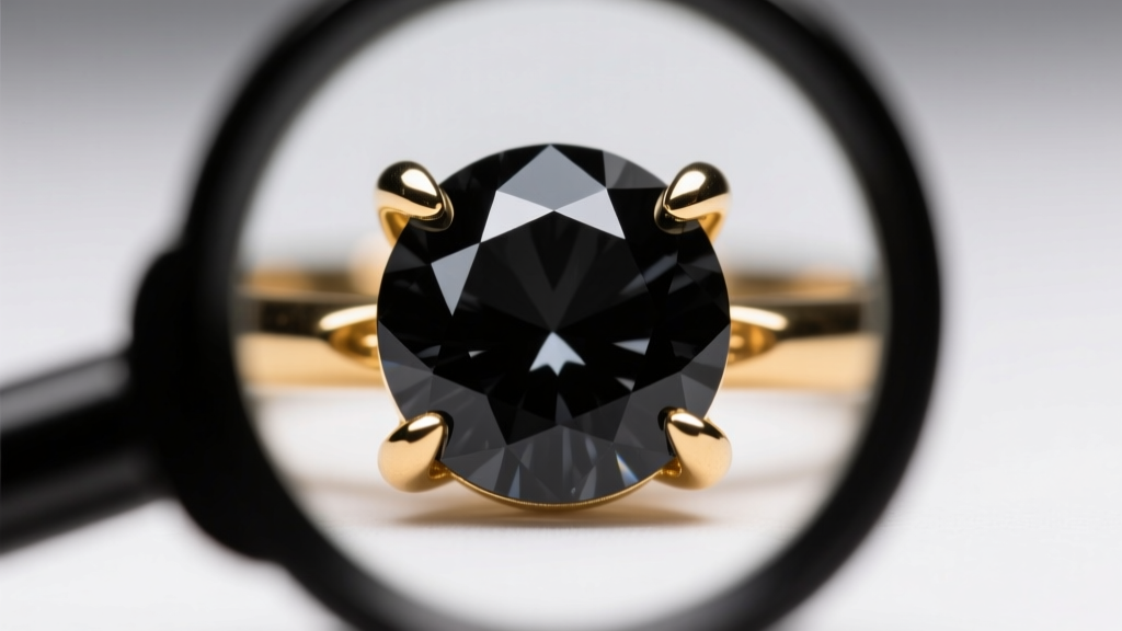 Jeweler loupe examining the delicate 14k gold prongs securing an opaque black diamond stone, illuminated by bright studio light.