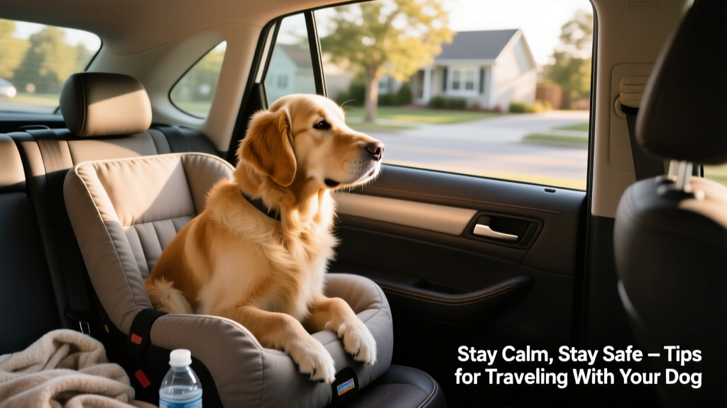 A calm dog sitting securely in a car seat with windows slightly open, looking relaxed