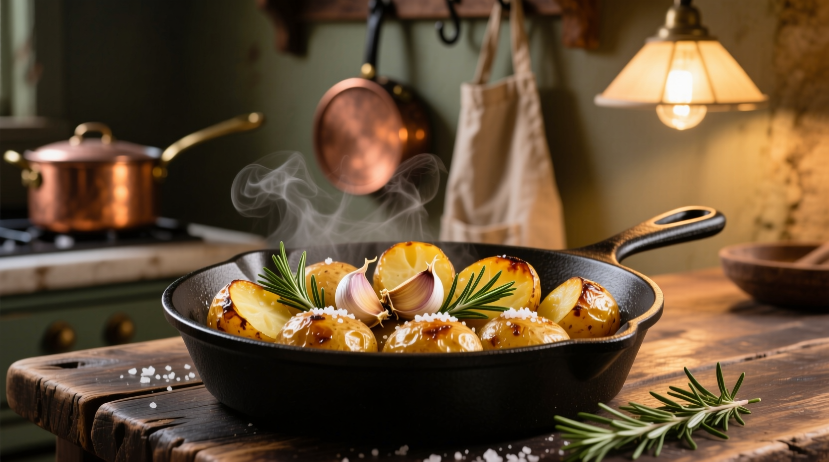 Golden roasted garlic herb potatoes in cast iron skillet