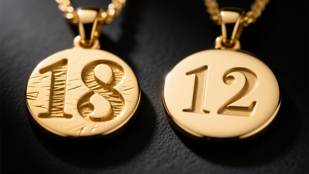 Macro photo comparing deep hand-stamped numerals on the left and crisp shallow laser-engraved numbers on a polished gold pendant.