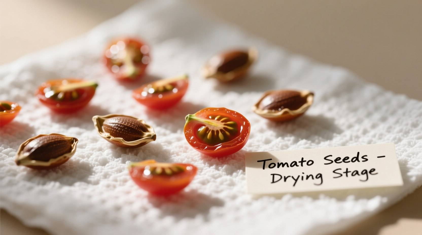 Tomato seeds drying on paper towel