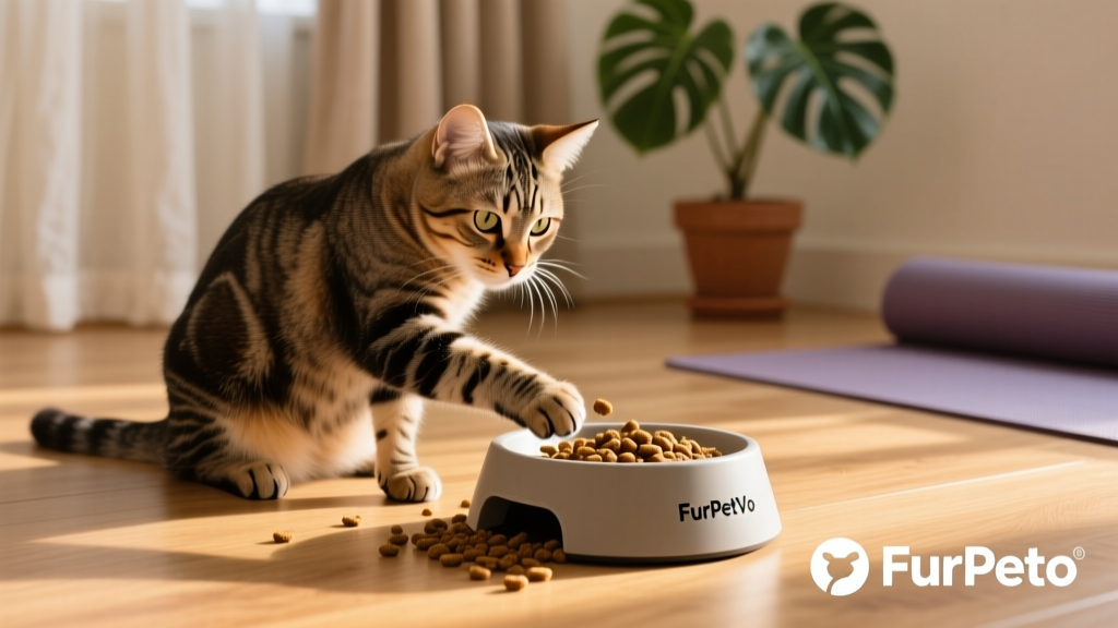 Cat interacting with a FurPetVo slow feeder bowl filled with kibble, demonstrating natural foraging behavior