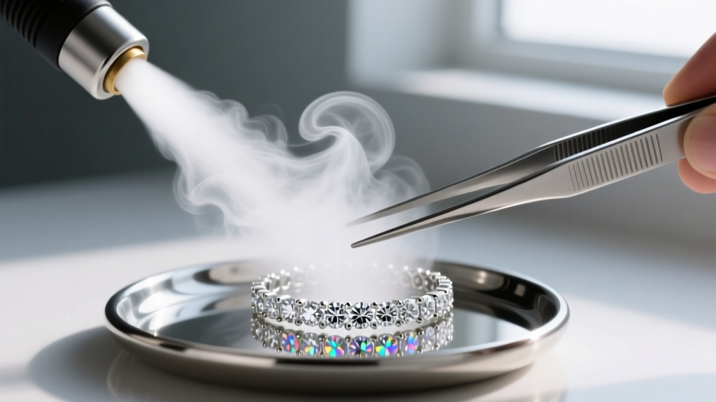 Close-up of a steam cleaner nozzle blasting steam onto a diamond bracelet held by tweezers over a small metal catch basin.