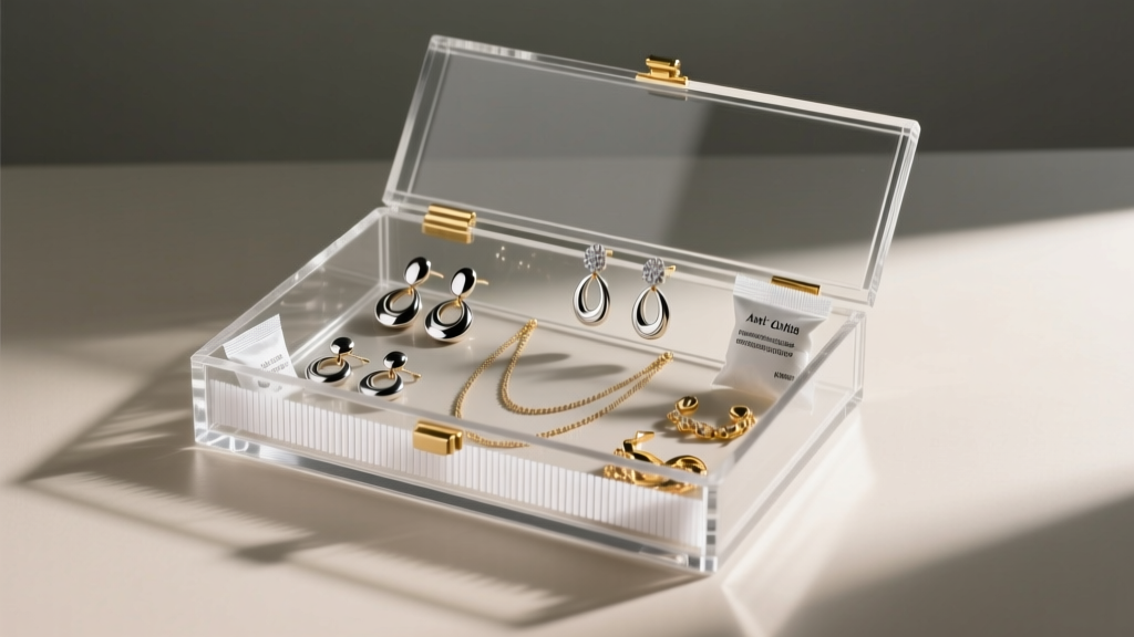 Acrylic jewelry storage box containing fashion earrings and chains, with anti-tarnish strips and silica gel packets tucked inside