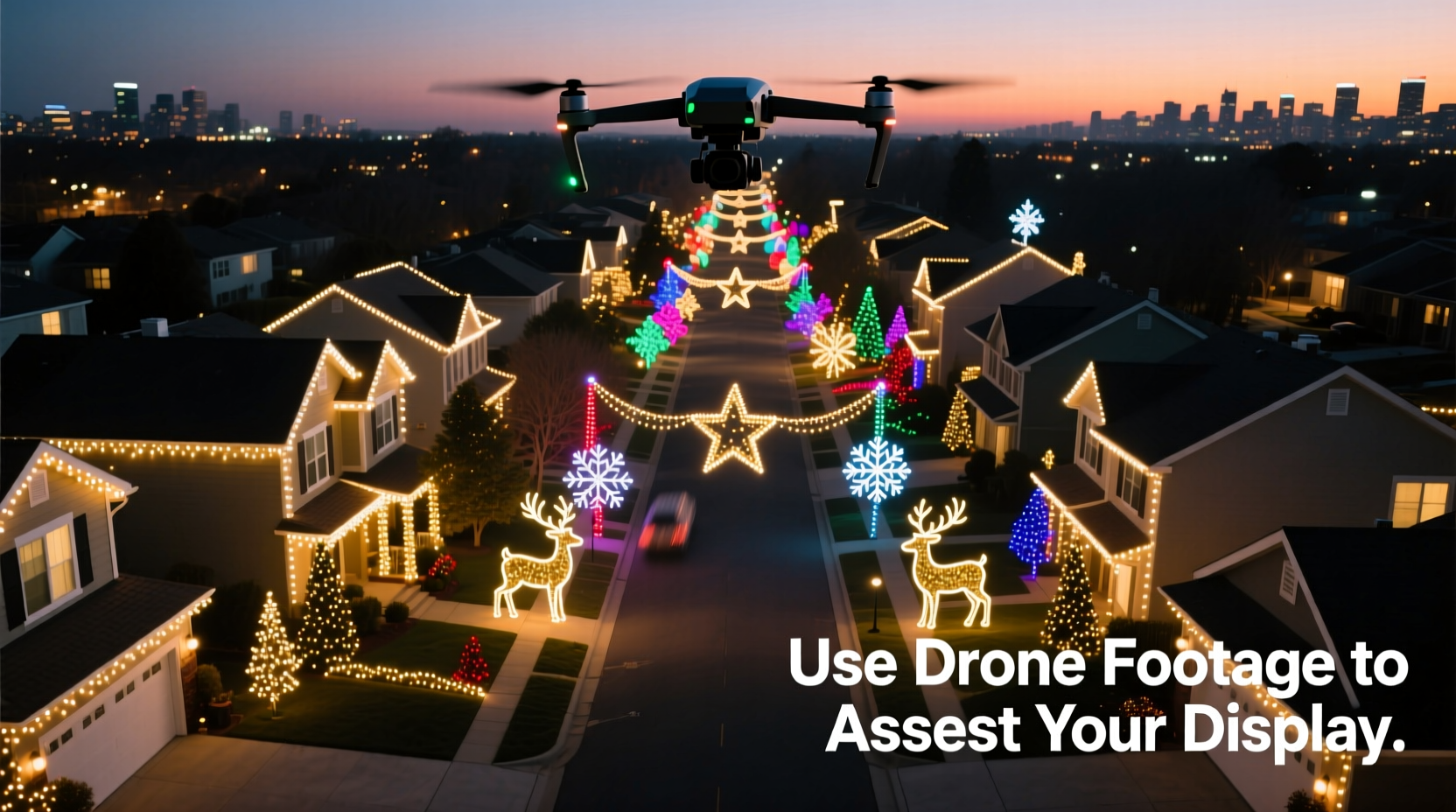 how to use drone footage to assess your christmas light display from the street