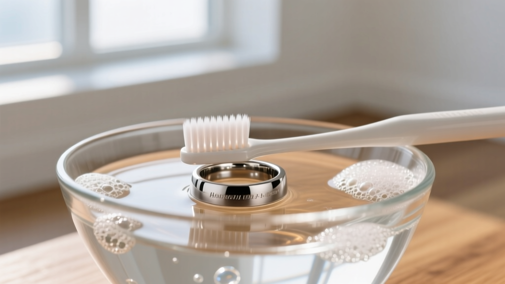 Soft toothbrush gently scrubbing a titanium ring in a glass bowl of warm soapy water, illuminated by bright natural window light.