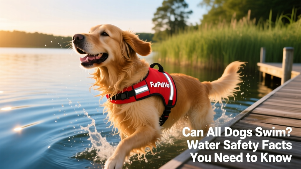 A happy, relaxed dog shaking off water on a sunny dock, wearing a FurPetVo safety vest, with clear blue water and gentle waves in background