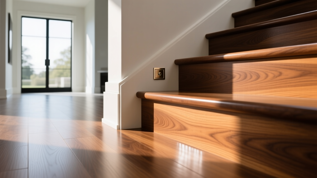 Close-up of a flush-mount luxury vinyl stair nosing transitioning into a textured oak tread in a brightly lit modern foyer