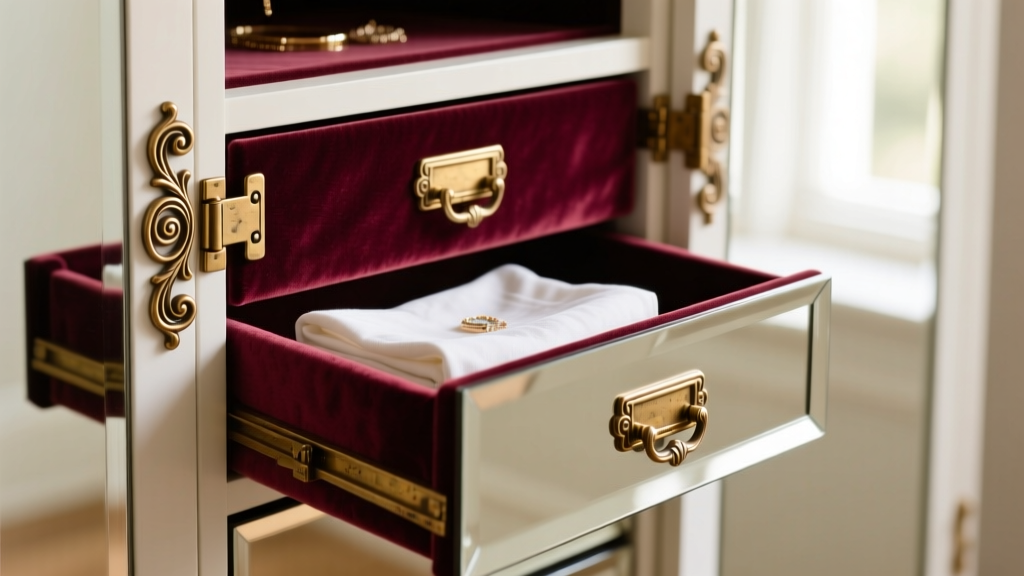 Close-up of a mirrored Anthropologie jewelry armoire showing antique brass hinges and velvet-lined drawers with anti-tarnish cloth