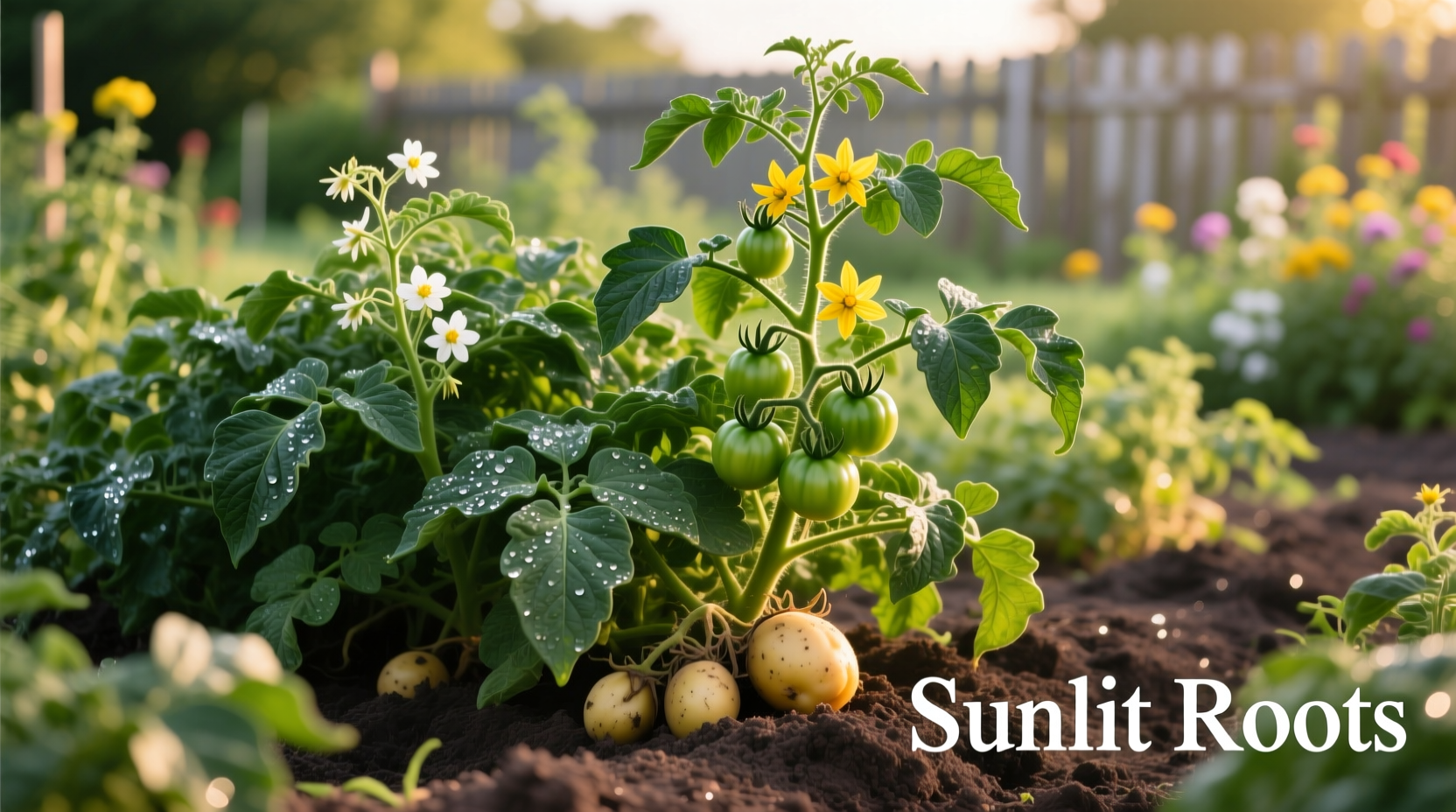 Potato and tomato plants growing in garden