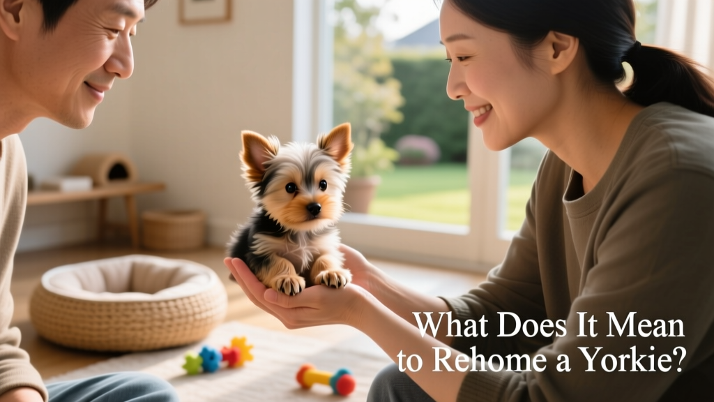 A gentle hand placing a small Yorkie puppy into the open palms of another caring adult