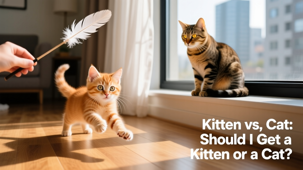 A playful kitten batting at a feather wand while an adult cat watches calmly from a nearby windowsill