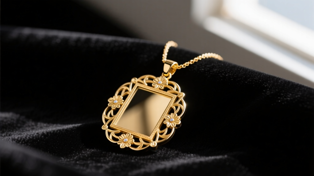 Gold picture pendant necklace on dark velvet, softly lit to reveal intricate floral engravings on the polished metal bezel edge.