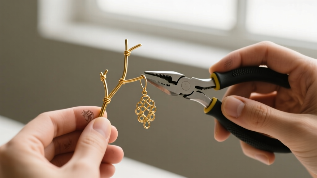 Jeweler using nylon jaw pliers to carefully bend a bent 24-gauge gold wire branch back into shape on a filigree earring