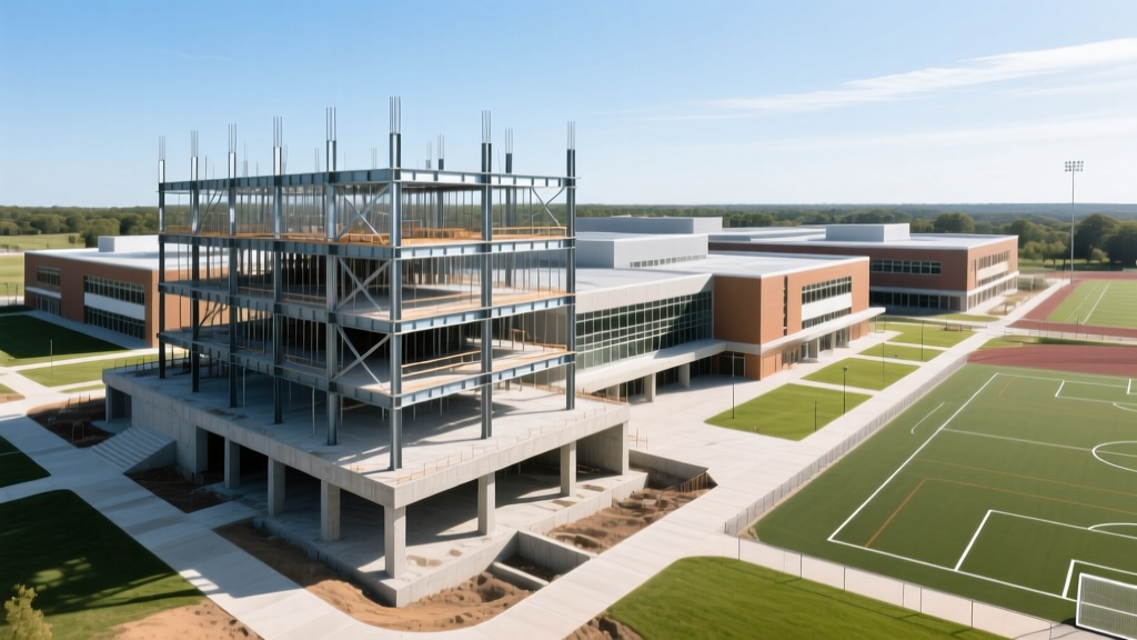 Aerial view of a modern 250000 square foot high school campus under construction with exposed steel framing and concrete foundations next to athletic fields