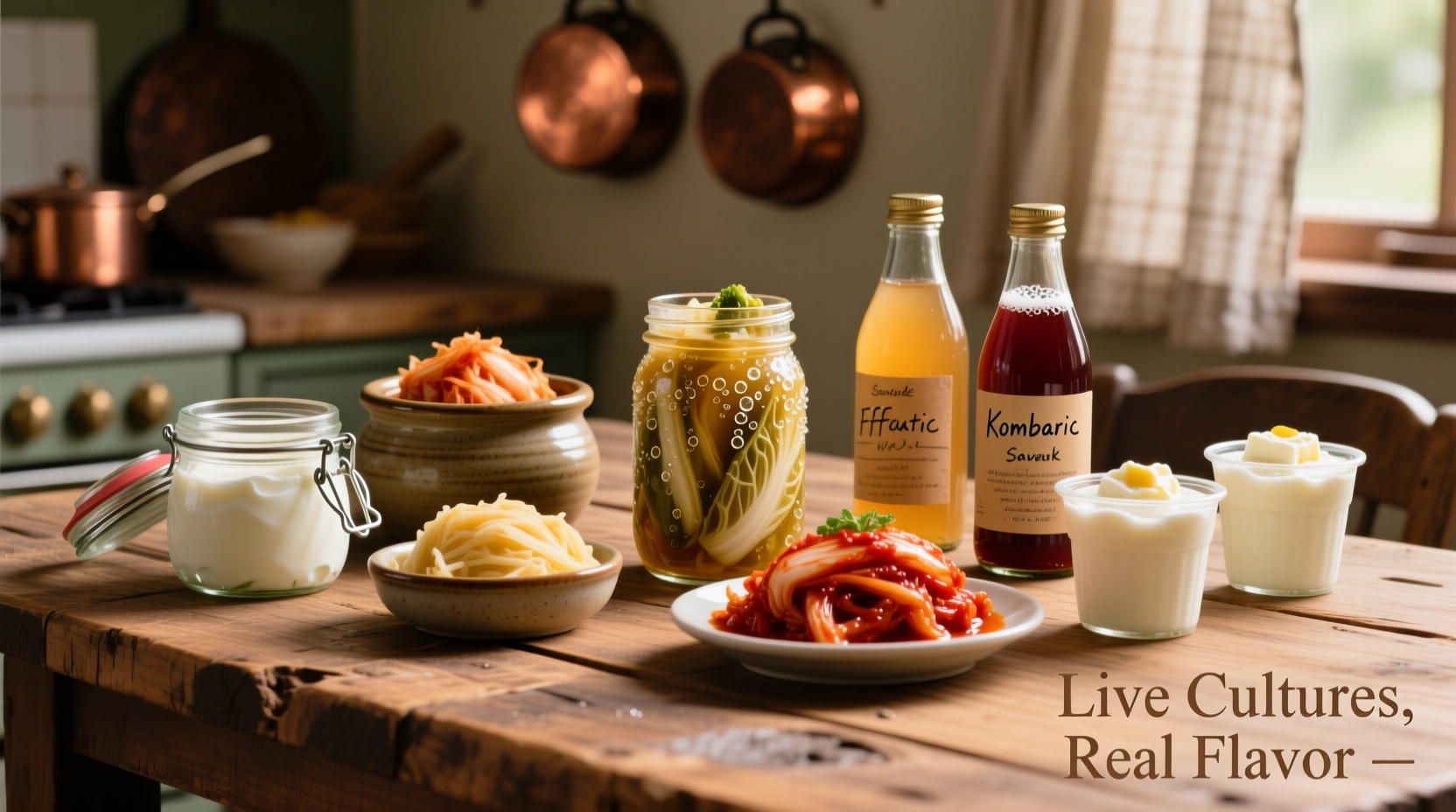 Variety of probiotic foods on wooden table