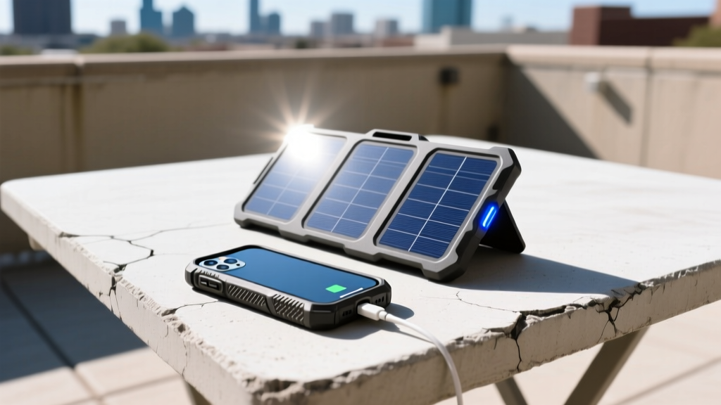 Five-watt portable solar panel angled toward the bright Texas sun, charging a rugged smartphone on a concrete patio table.