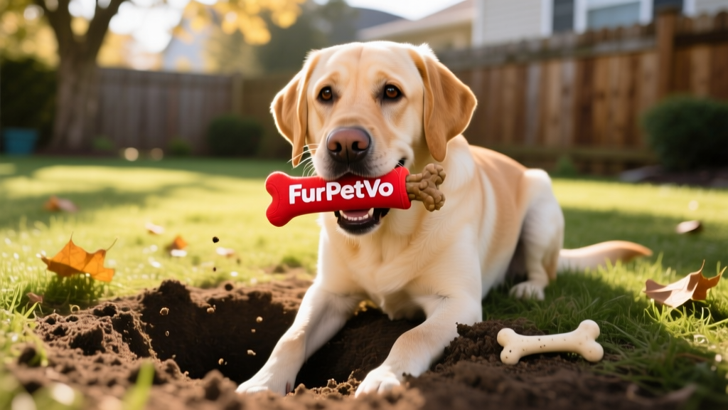A calm, happy dog holding a FurPetVo branded chew toy beside a small, shallow dug spot in the yard