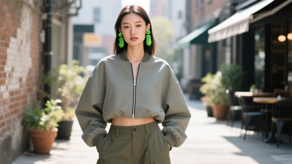 Young woman in oversized streetwear wearing small polymer clay pickle stud earrings, photographed in bright, natural daylight.
