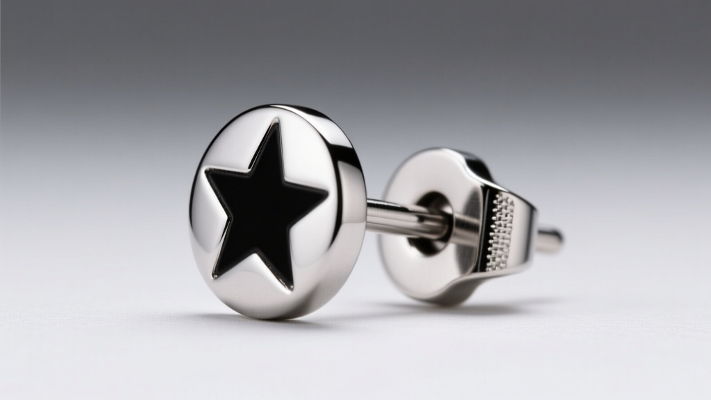 Side profile of a 20-gauge titanium post earring with a black rhodium star motif, demonstrating a secure friction back mechanism.
