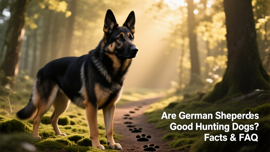 German Shepherd standing alert in a forest clearing, ears pricked forward, focused expression