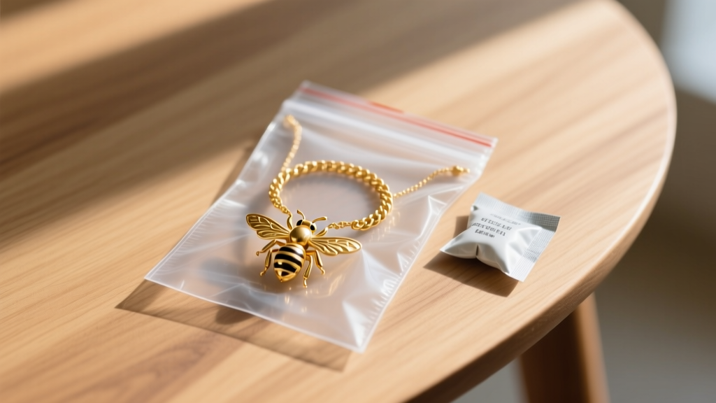14k gold bee necklace coiled inside an anti-tarnish polyethylene pouch next to a small silica gel packet on a light wooden table.