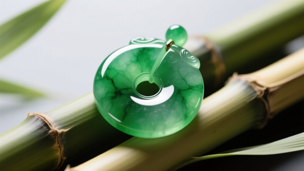 Vibrant green Type A jadeite pendant carved into a bi-disc shape, resting on natural bamboo with soft directional lighting.
