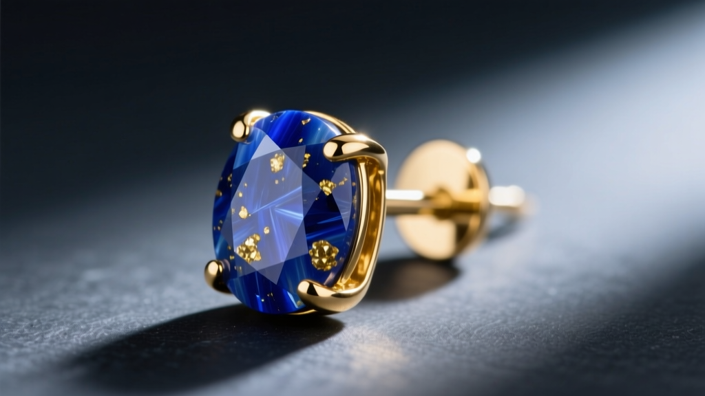 Macro shot of a 14k gold stud earring with raw lapis lazuli on a dark slate background, highlighting the natural stone texture