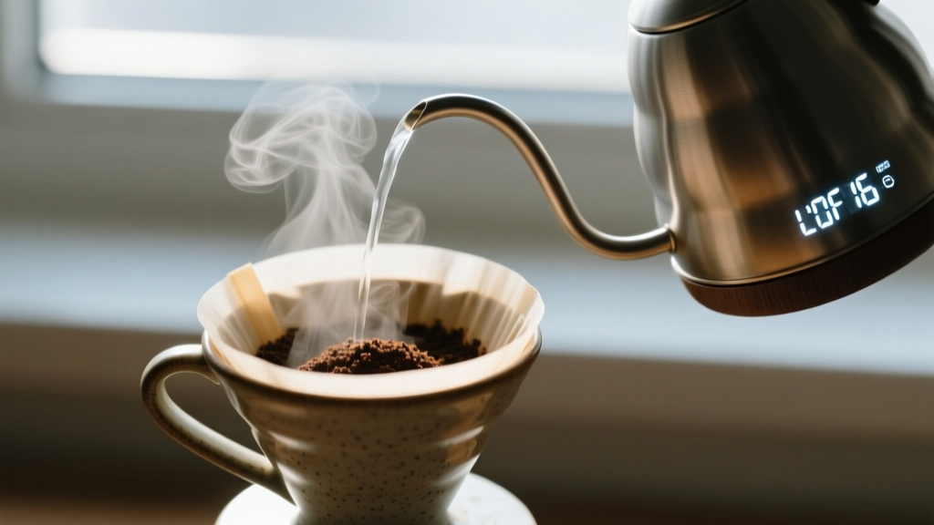 Close-up of digital temperature display on a gooseneck kettle pouring steaming water over coffee grounds in a ceramic V60 dripper