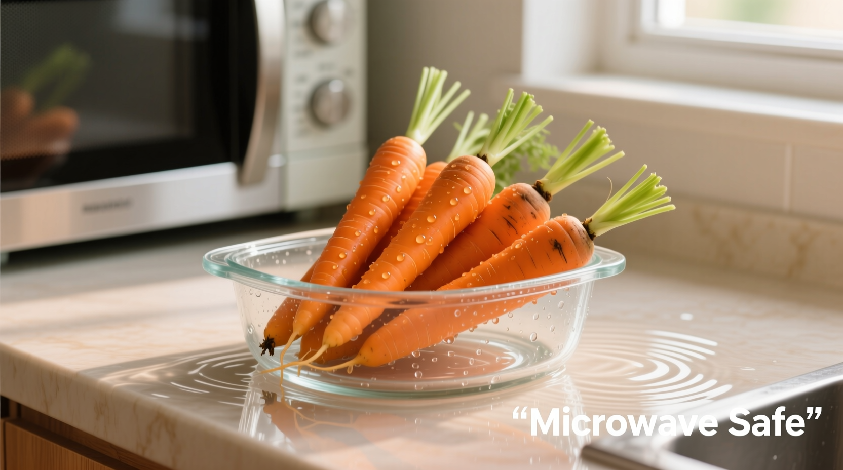 Fresh carrots arranged in microwave-safe dish with water