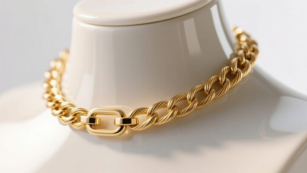 Close-up of a delicate 13-inch 18k gold cable chain choker resting on a mannequin neck, highlighting the precise clasp connection.