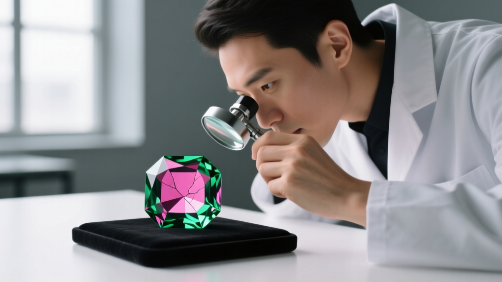 Jeweler using a loupe to inspect a watermelon tourmaline gemstone for resin clarity enhancement and internal fracture lines