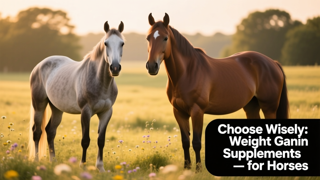 Side-by-side comparison of two horses: one underweight with visible ribs, another at ideal body condition with rounded shoulders and smooth topline