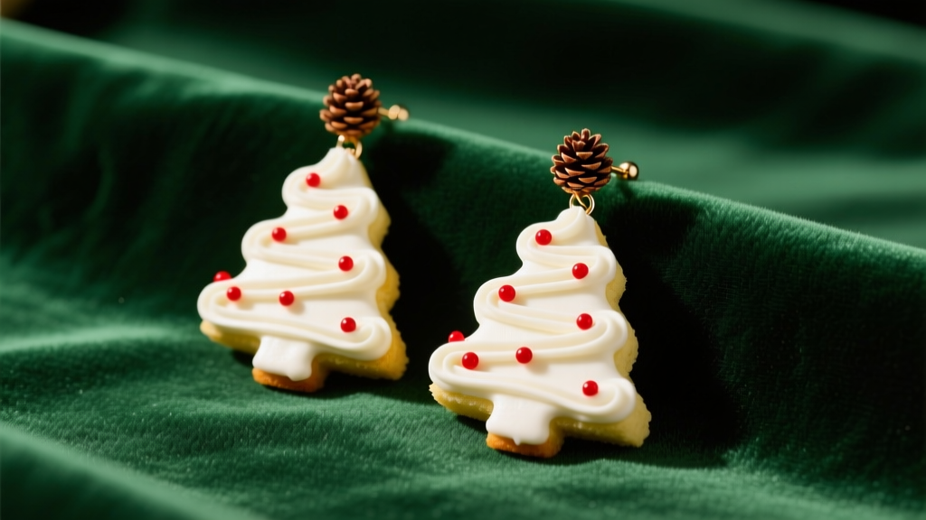 Flat lay of vibrant christmas tree cake earrings with white icing and red sprinkles on green velvet under warm studio lighting