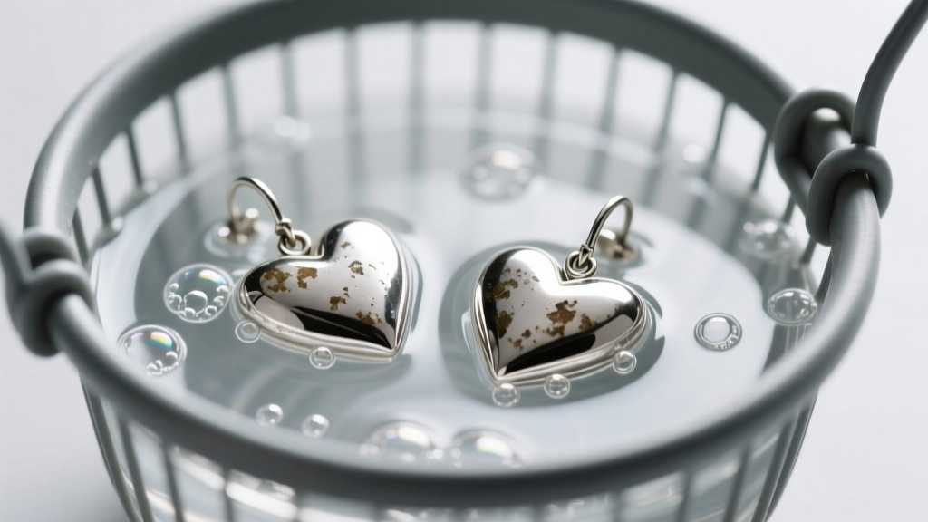 Ultrasonic cleaner basket holding two tarnished silver heart earrings submerged in solution with gentle cavitation bubbles