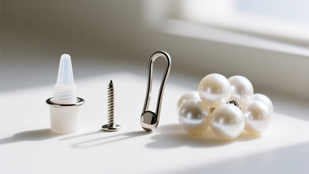 Macro of three pearl enhancer findings: a glue cup, threaded screw pin, and pinch bail resting beside loose white Akoya pearls.