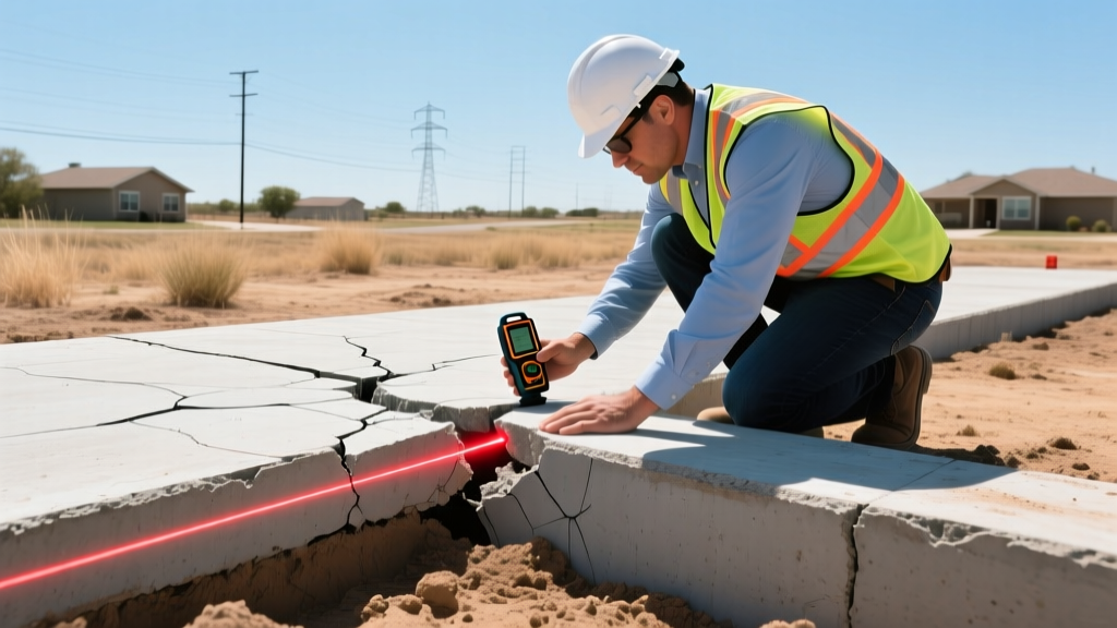 Structural engineer inspecting a cracked concrete slab foundation in dry expansive clay soil in Texas using laser measuring tools.