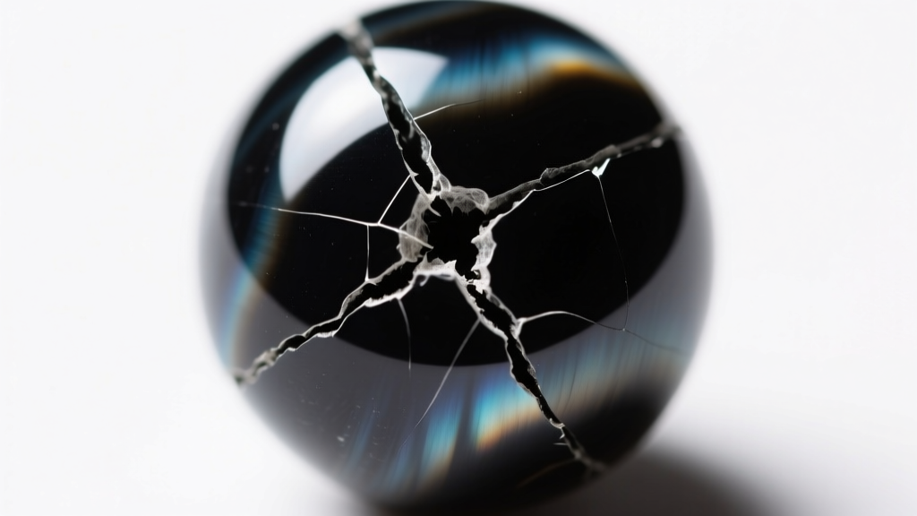 Macro shot of a 10mm dyed onyx bead showing a tiny fracture with dark dye accumulation, lit against a stark white background
