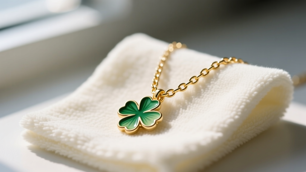 Close-up of a delicate gold-plated chain necklace with a small enameled clover pendant resting on a soft microfiber cleaning cloth