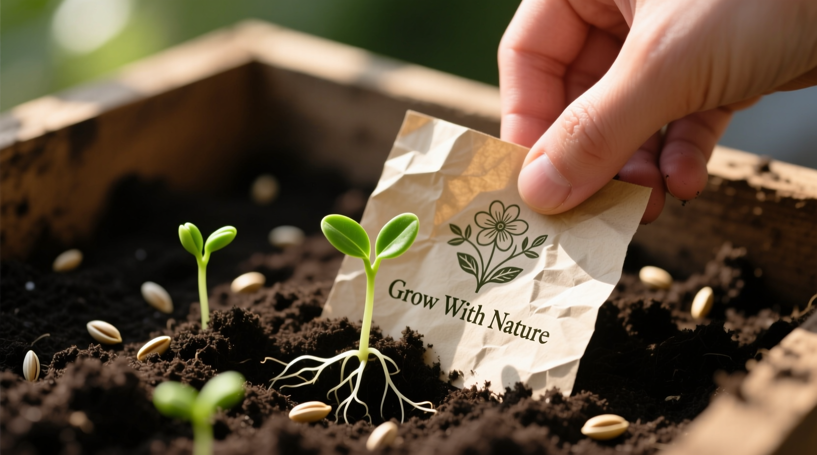 Hand planting seed paper in soil with sprouting seedlings