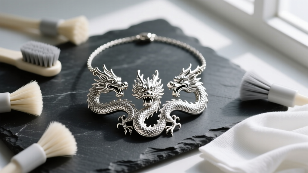 Silver three-headed dragon pendant necklace resting on dark slate, surrounded by soft cleaning brushes and white polishing cloths