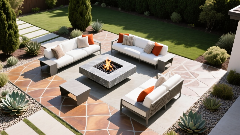 Top-down view of a newly poured stamped concrete patio with a stone fire pit and modern outdoor lounge furniture in a landscaped backyard