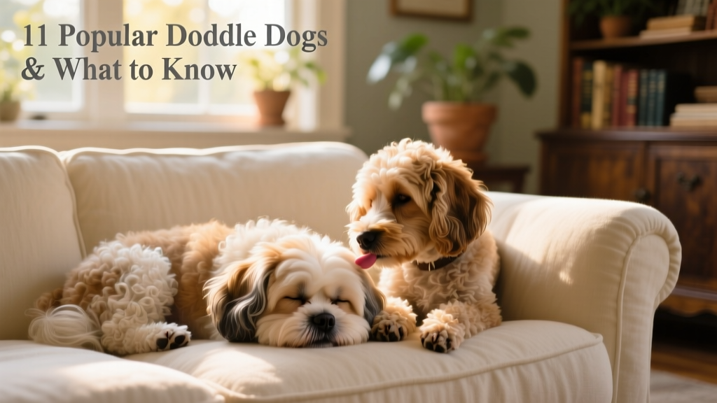 A serene close-up of a sleeping Shih-Poo and a gently grooming Cavapoo side by side on a cozy sofa