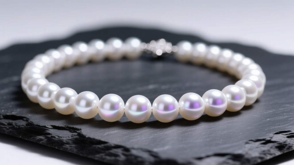 Close-up of a white Akoya pearl necklace on dark slate, highlighting high luster and sharp light reflections under studio lights.