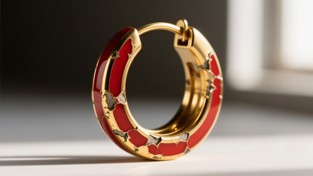 Macro shot of a gold-plated brass hoop earring with chipped cold enamel red stripes, highlighting material degradation and wear.