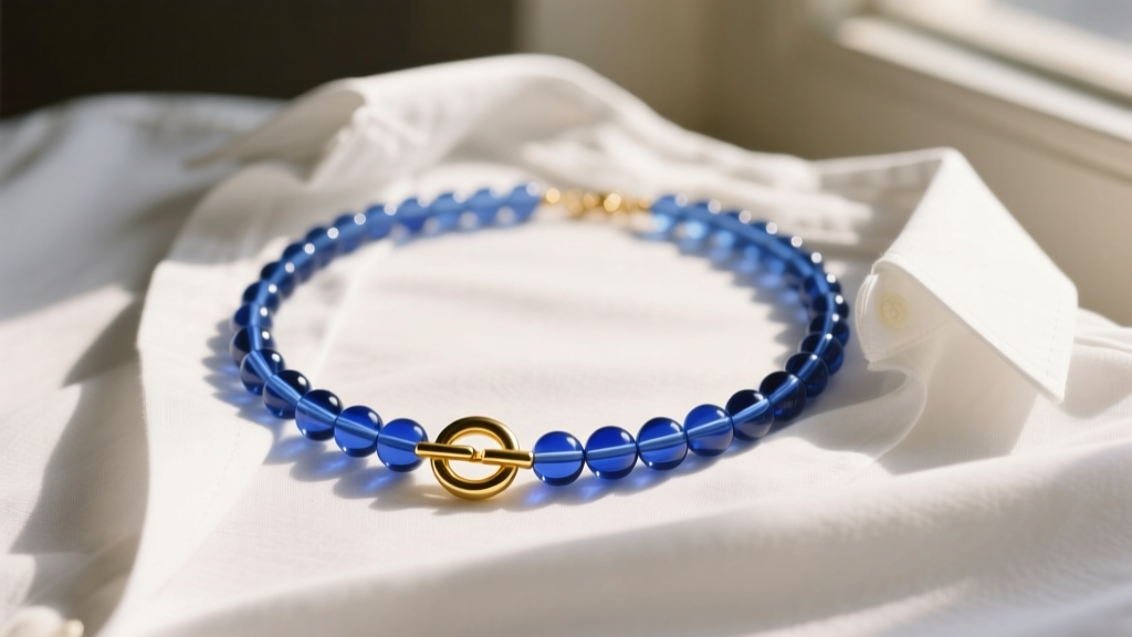 Delicate recycled glass bead necklace with small cobalt blue beads and a gold toggle clasp, resting against a white linen shirt.